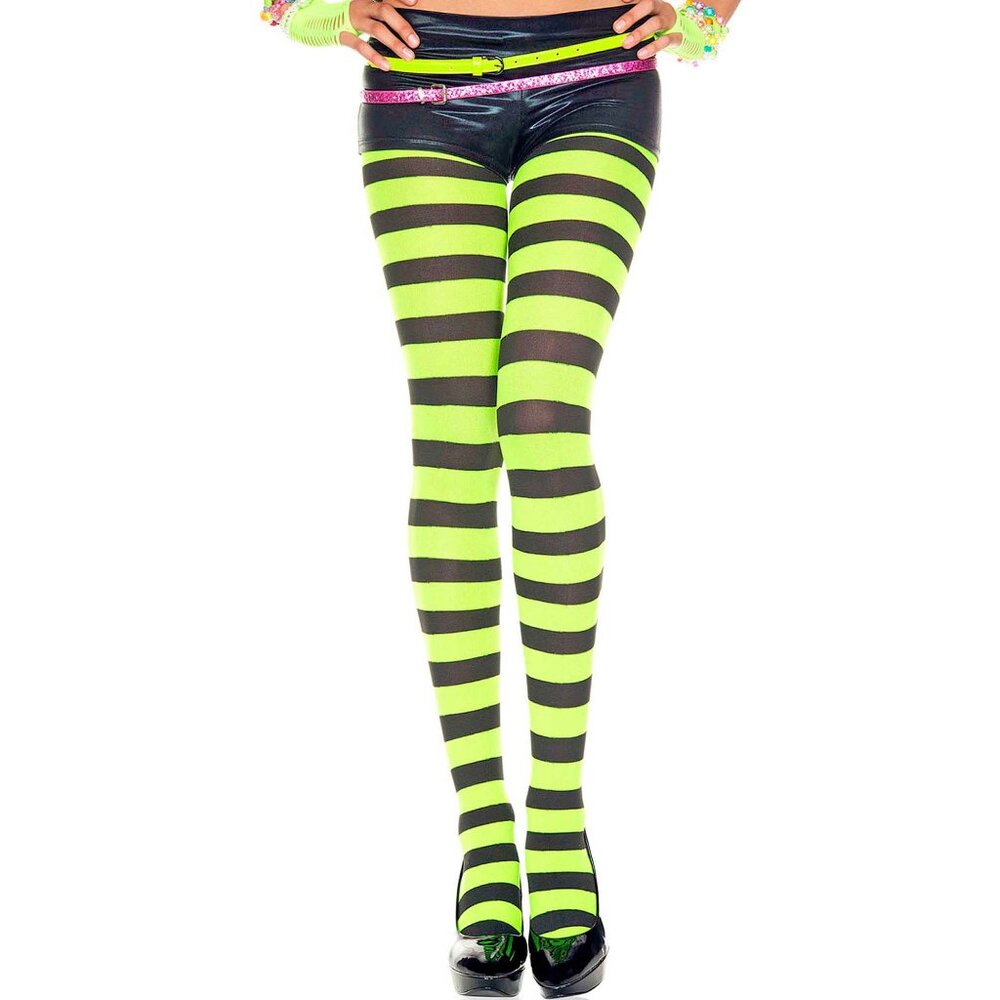 Wide Striped Nylon Tights Womens One Size OS Neon Green/Black Pantyhose Hosiery